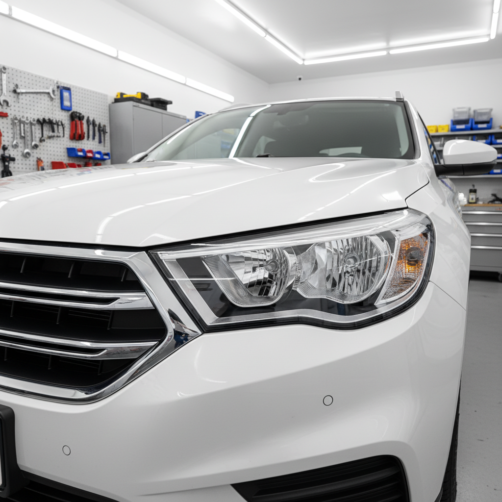 The front end of a mid-size white crossover SUV parked in a tidy garage, both headlights perfectly restored to a glass-like finish, reflecting the orderly surroundings. The hood and grille appear freshly cleaned, with no visible dirt or imperfections. Cool, bright LED shop lights overhead provide even, shadow-free illumination, accentuating the clarity and uniform transparency of the lenses. The background includes neatly hung tools and storage cabinets, softly blurred to keep focus on the headlights. Shot from a low, slightly angled perspective across the bumper, the composition feels polished and professional, reinforcing a high-quality, trustworthy mobile restoration service through realistic, detailed photography.