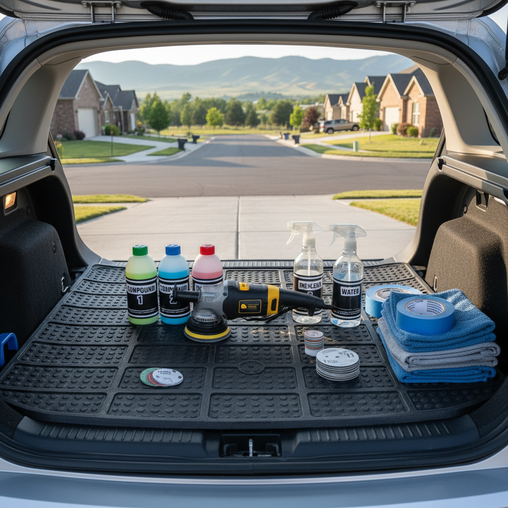 A neatly arranged mobile headlight restoration setup laid out on a clean, dark rubber mat in the back of an open hatchback, including labeled polishing compounds, spray bottles, sanding discs, masking tape, microfiber towels, and a compact dual-action polisher. The backdrop shows a quiet Utah County neighborhood cul-de-sac with well-kept driveways and distant hills softly out of focus. Early morning light filters in from the side, creating subtle highlights on the tools’ metallic and plastic surfaces. Photographed from a slightly elevated angle with sharp focus throughout, the image conveys organization, professionalism, and readiness, with a clean, modern, photographic aesthetic.