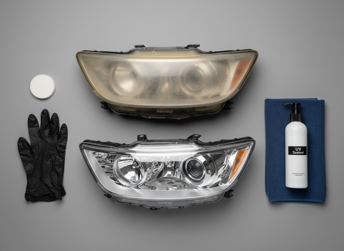 A before-and-after top-down layout on a neutral gray background showing two identical headlight assemblies removed from a vehicle: the upper one cloudy, scratched, and yellowed, and the lower one fully restored, clear, and highly reflective. Minimal branded accessories like a bottle labeled “UV Sealant” and a folded microfiber towel are placed neatly to the side, adding context without clutter. Soft studio lighting from above creates balanced illumination with gentle, controlled shadows, ideal for product-style clarity. The composition is symmetrical and centered, with a clean, modern, photographic realism that evokes a professional, technical, and trustworthy headlight restoration service.