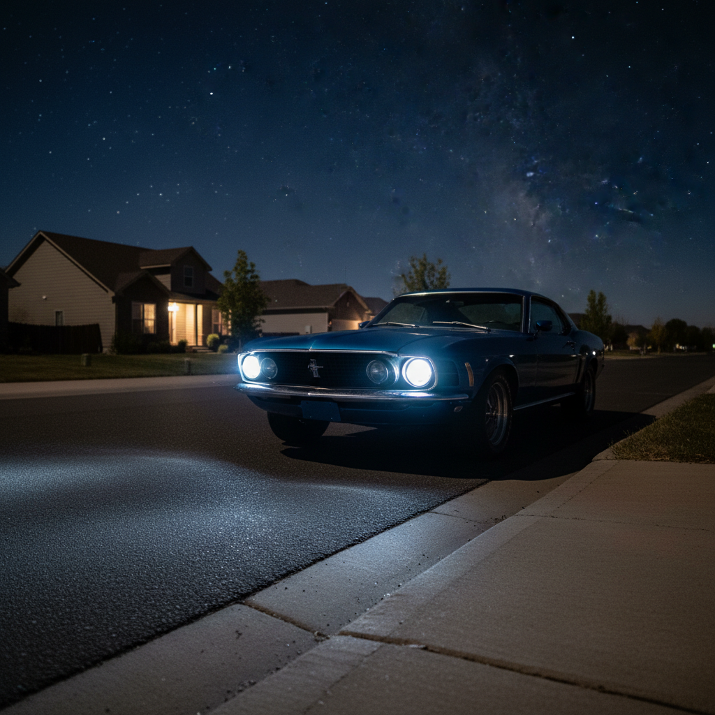 A dramatic night-time scene of a car parked on a quiet Utah suburban street, its newly restored headlights casting a bright, clean white beam onto the pavement, clearly illuminating road markings and the edge of a curb. The sky is deep blue with a faint hint of stars, and surrounding houses are softly lit, receding into a gentle blur. The contrast between the crisp headlight beam and the dark environment emphasizes improved visibility and safety. Captured from a low angle near the road with a long exposure effect, the composition feels confident and secure, with realistic, high-contrast photography highlighting the benefits of headlight restoration.