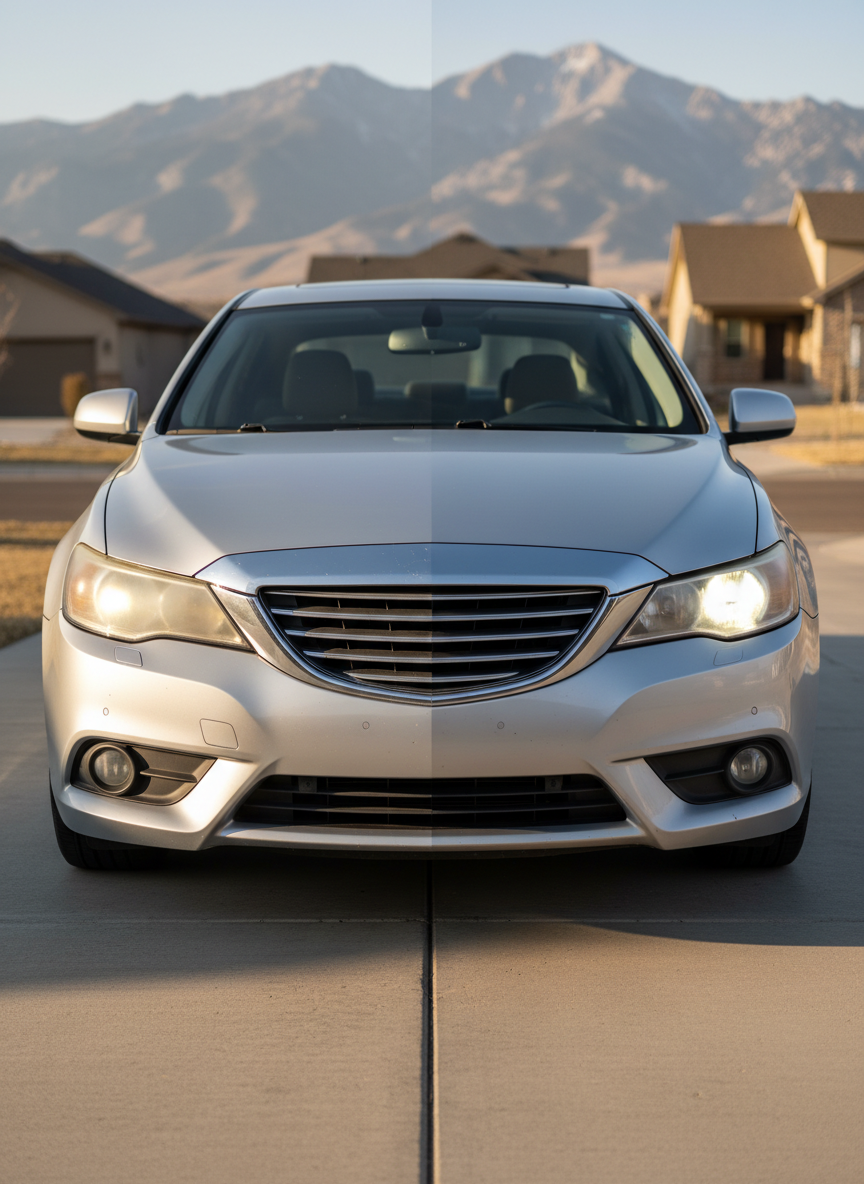 A pair of car headlights shown in a dramatic side-by-side comparison, with the left headlight cloudy, yellowed, and heavily oxidized, and the right headlight crystal-clear, glossy, and like-new. The front end of a modern silver sedan is parked in a clean driveway of a suburban Utah home, with the Wasatch mountains softly blurred in the distant background. Late afternoon sunlight creates a gentle golden glow, highlighting the clarity and reflections in the restored lens while casting soft shadows on the concrete. Captured at eye level with a shallow depth of field, the composition emphasizes the transformation, with a clean, professional, photographic realism that feels trustworthy and high-end.