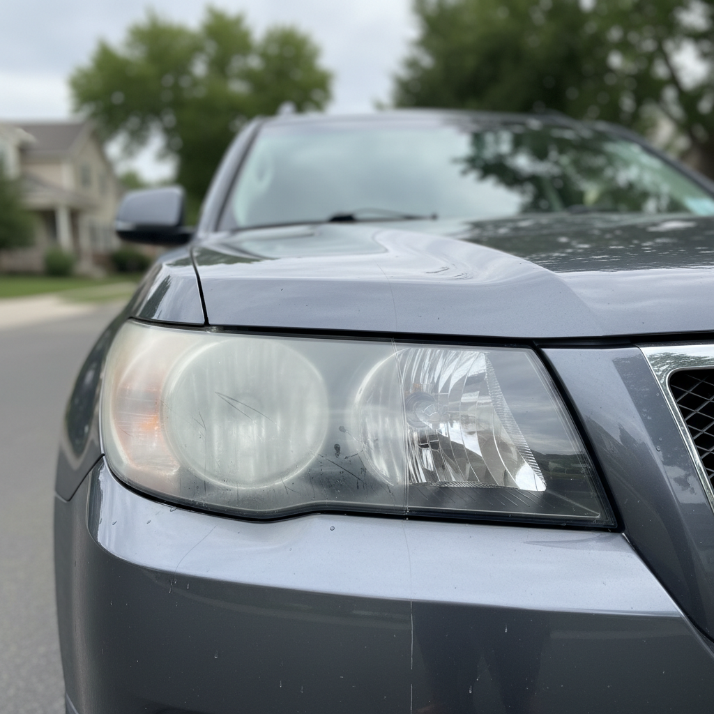 A close-up, ultra-detailed shot of a single car headlight lens halfway through restoration, the left half still foggy and hazy with swirl marks, the right half perfectly polished, clear, and reflective. The vehicle is a dark gray SUV parked on a residential street in Salt Lake City, with muted homes and trees rendered as soft bokeh in the background. Overcast daylight provides diffused, even lighting that eliminates harsh shadows and emphasizes surface texture. The mood is precise and meticulous, with a centered composition and photographic realism that showcases the quality and thoroughness of mobile headlight restoration work.
